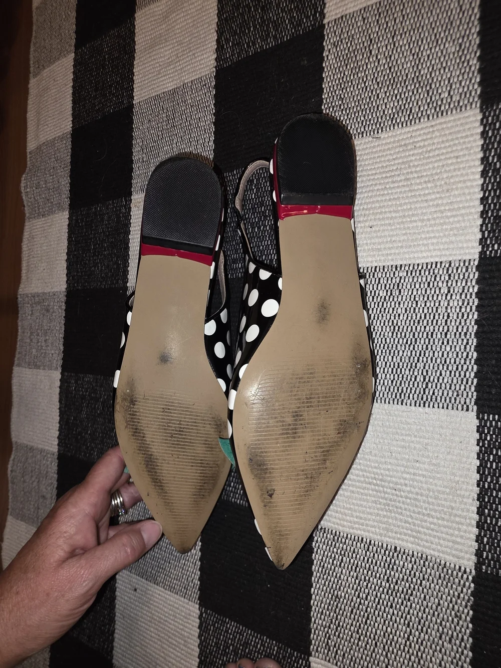 Betsey Johnson Black & White Polka Dot Slingback Flats with Cherry Detail